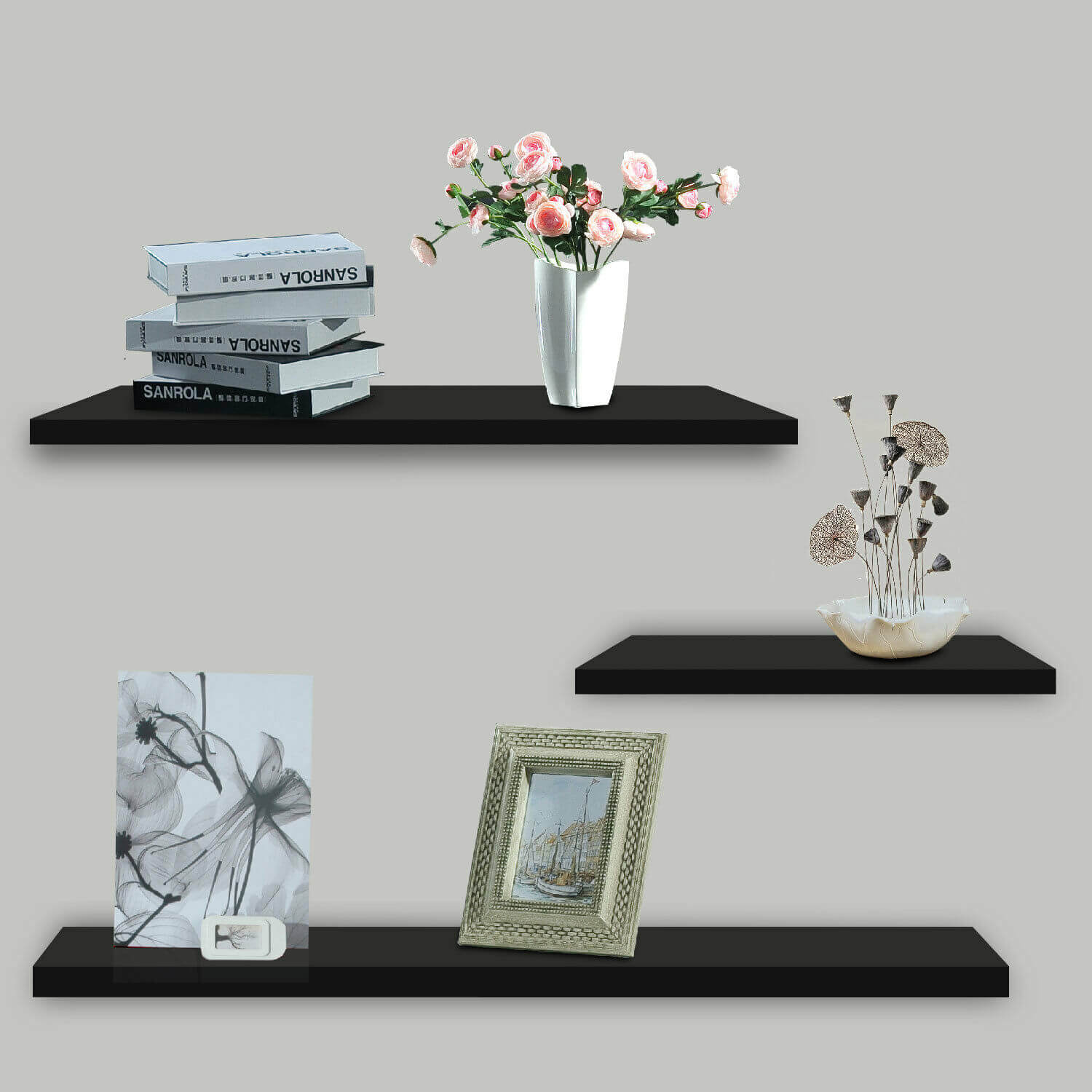 3 PCS Wall Floating Shelf Set Concealed Shelves Bookshelf Shop Display Black