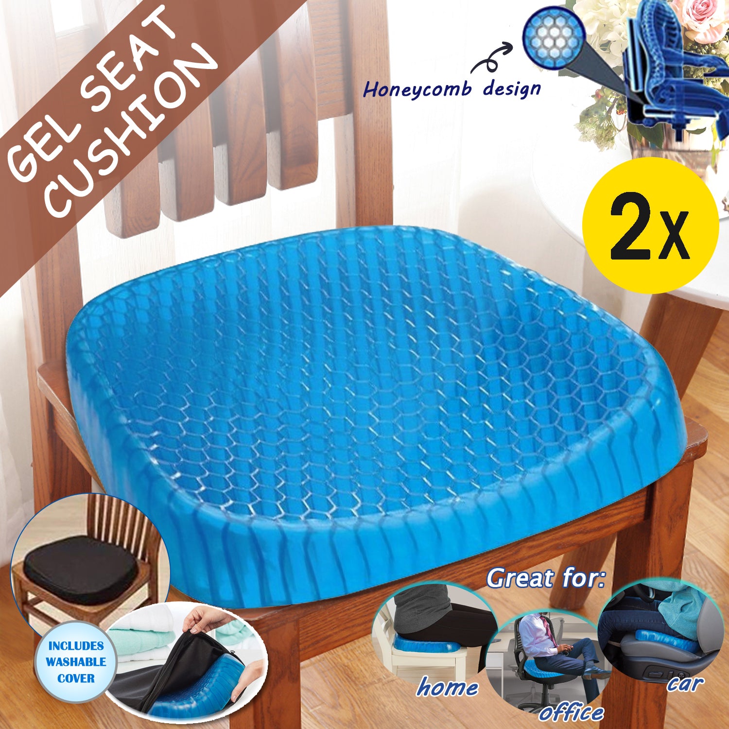 2 Pcs Gel Honeycomb Seat Cushion Flex Back Support Spine Breathable Protector