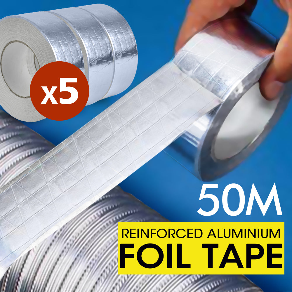 Reinforced Aluminium Foil Tape Insulation Heating Duct Silver 50mm x 50M 5 Pack