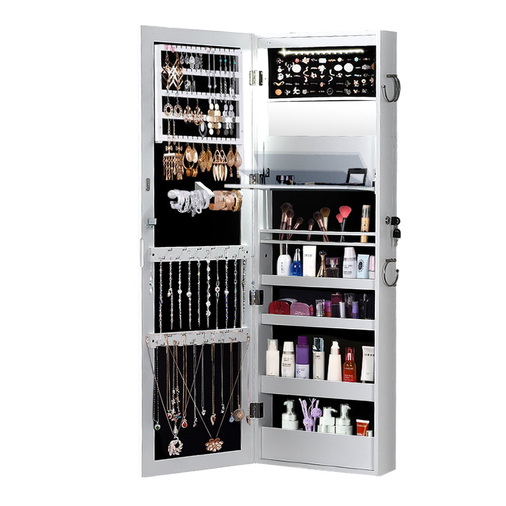 Levede Wall Mounted or Hang Over Mirror Jewellery Cabinet with LED Light White