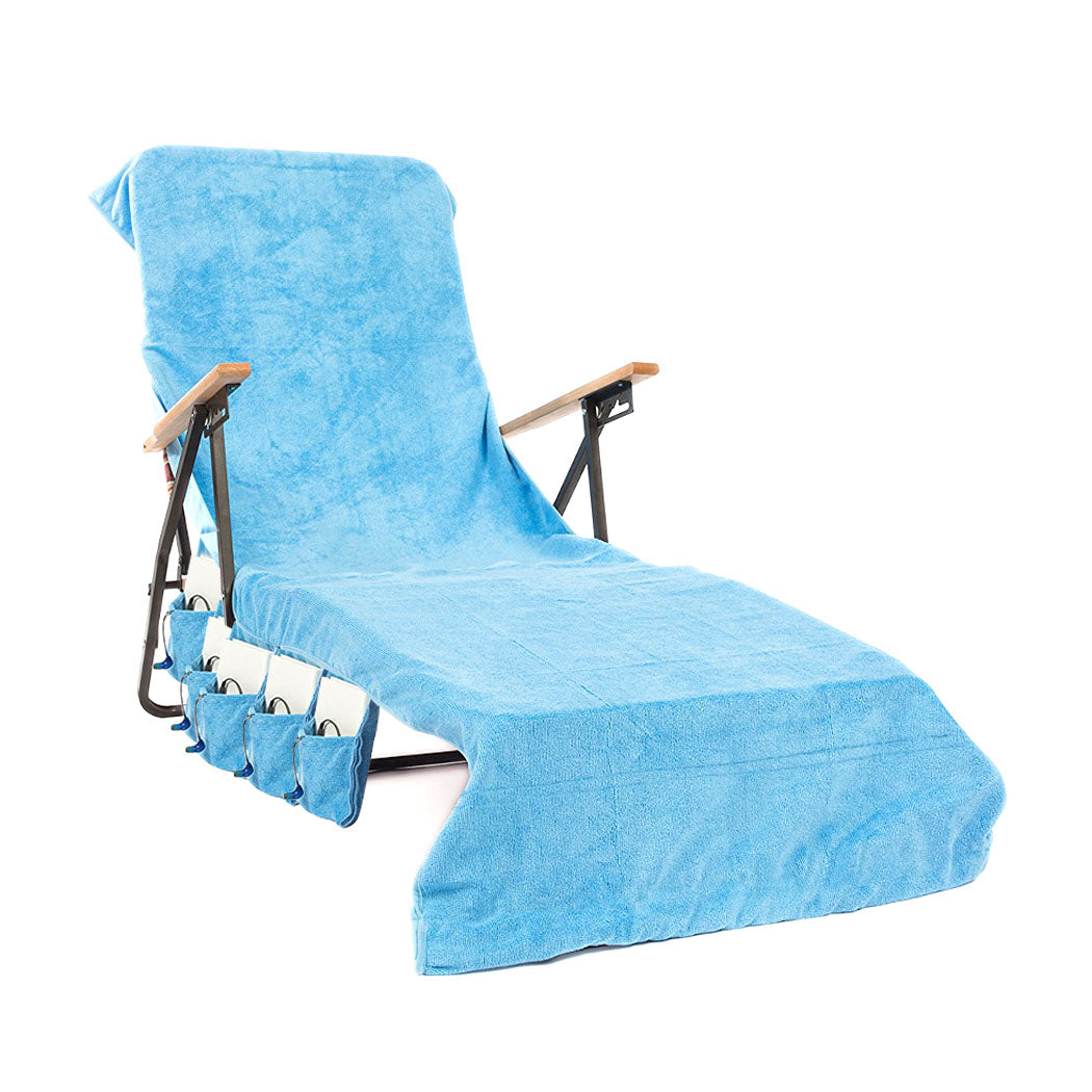 Travel Holiday Sun Lounger Mate Beach Towel Bath Shower Pocket Chair Cover Blue