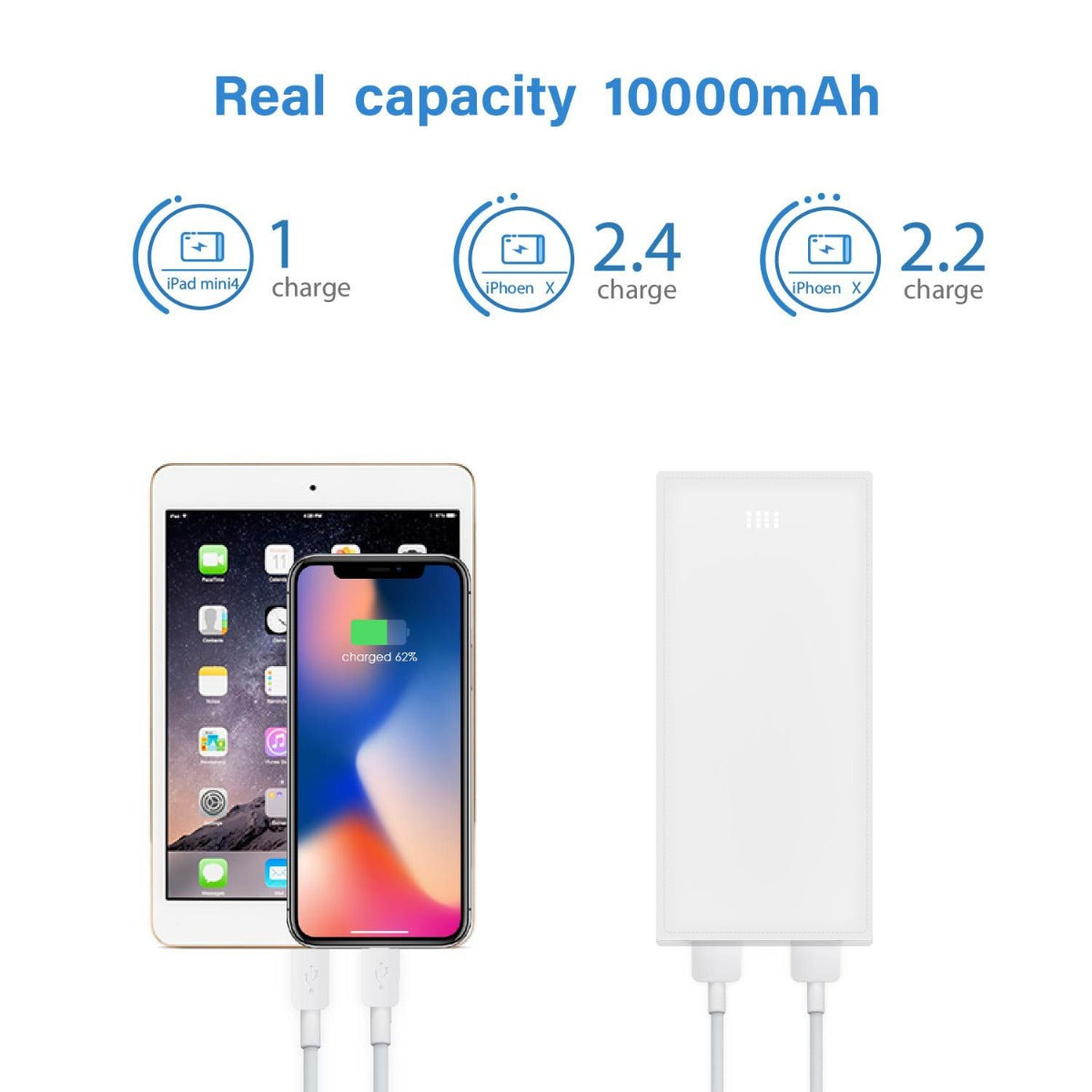 Portable 10000mAh External Power Bank Pack Dual USB Battery Charger White