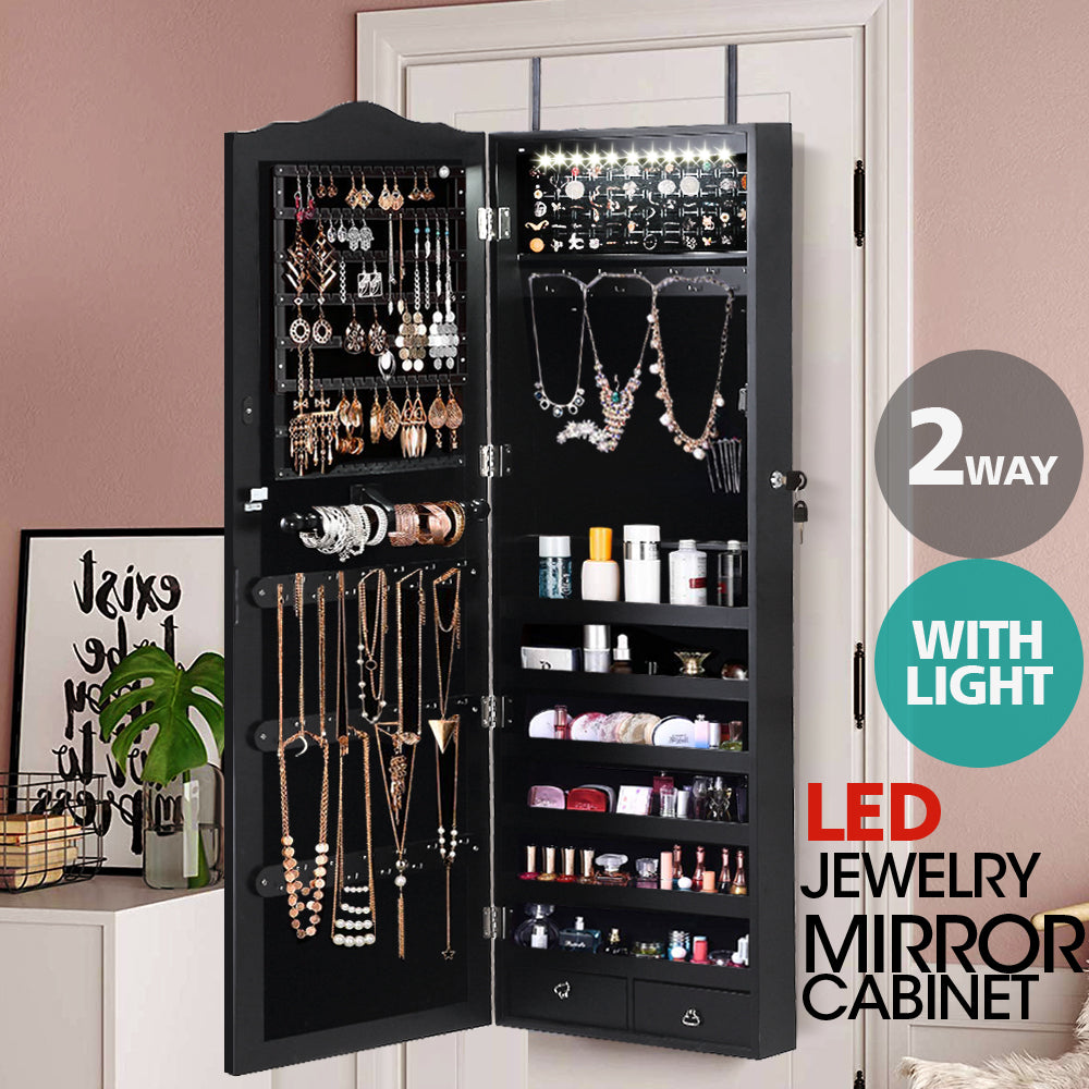 Mirror Jewellery Cabinet Makeup Storage Ear Ring Necklace Box Organiser with LED