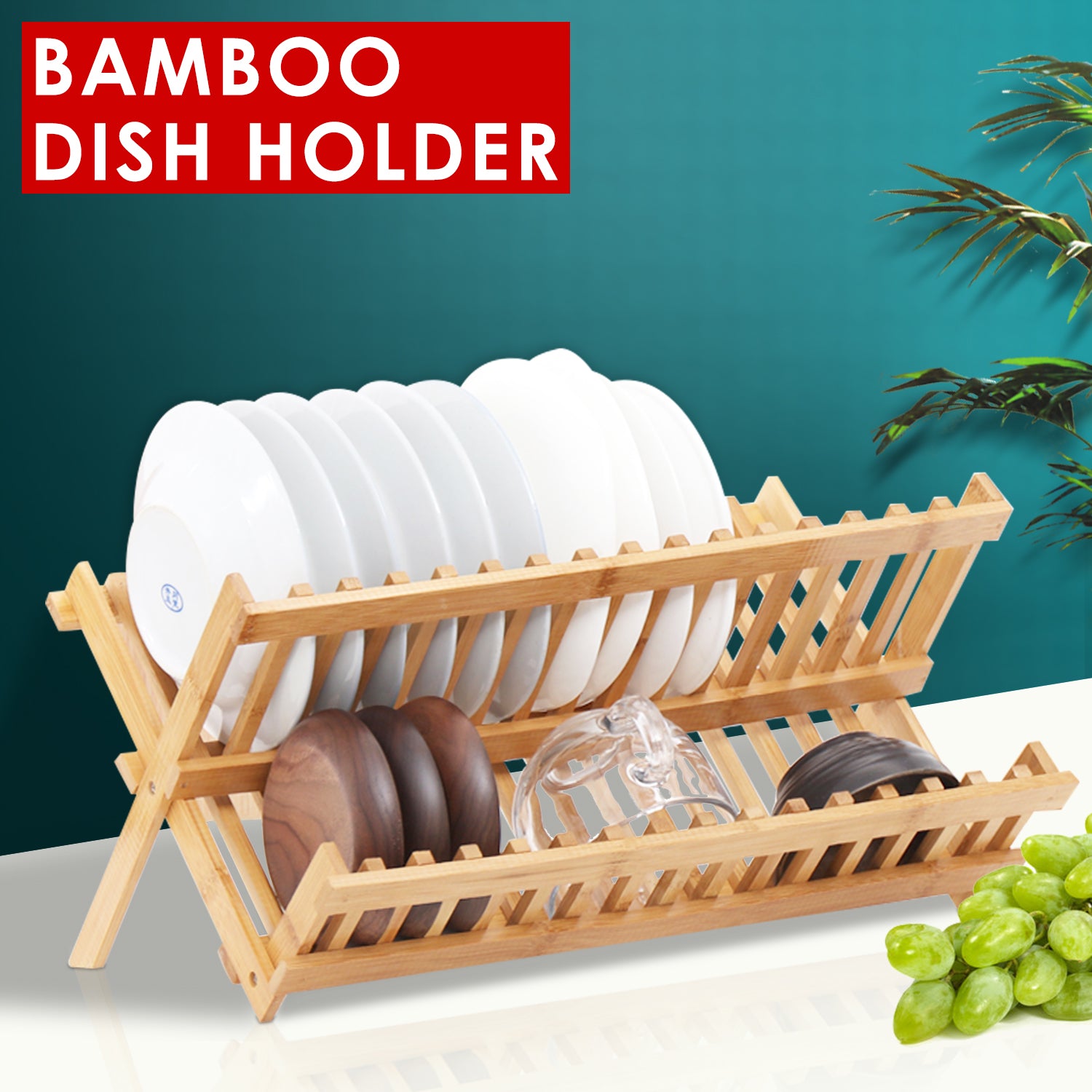 Dish Rack Bamboo Foldable Drainer Drying Dish Holder Plate Utensil Cultery Tray