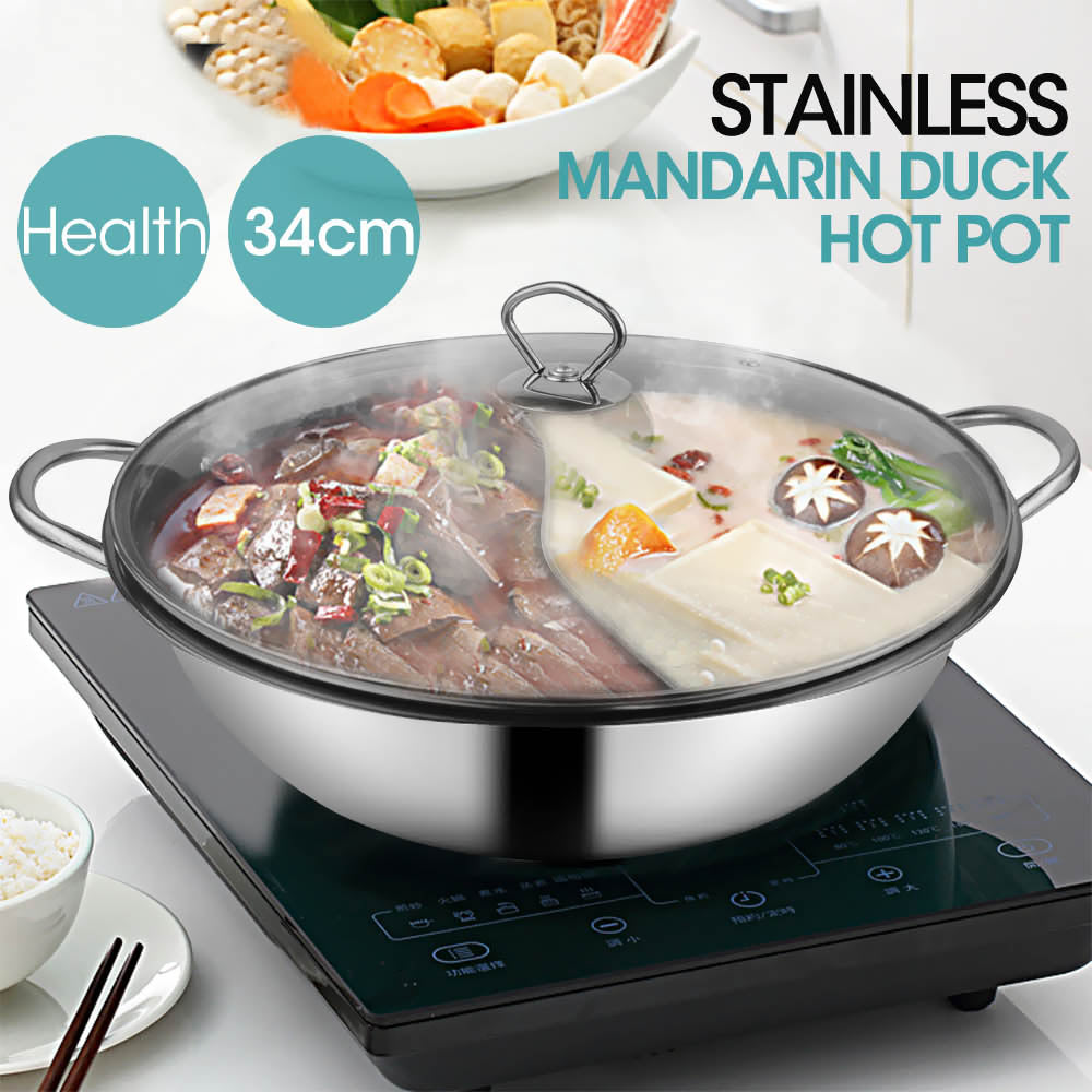 34cm Stainless Steel Twin Mandarin Duck Hot Pot Induction Cooker With Lid