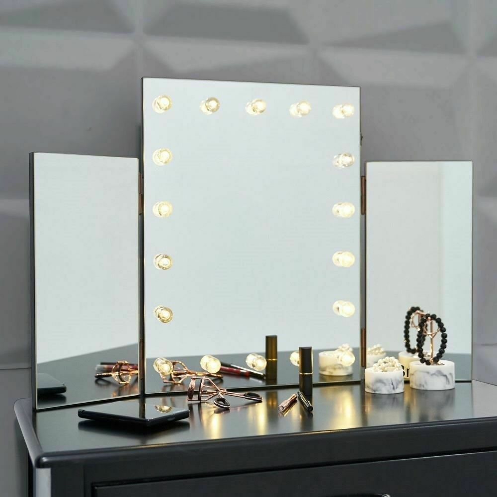 Beauty LED Light Table Top Tri 3 Way Fold Folding Dressing Table Vanity Mirror