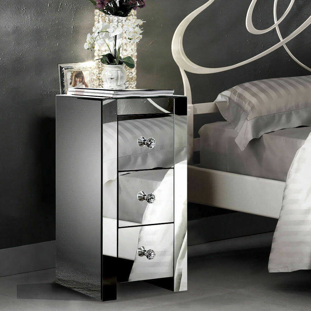 Levede Mirrored Bedside Tables Chest Nightstand Crystal Glass Table 3 Drawers