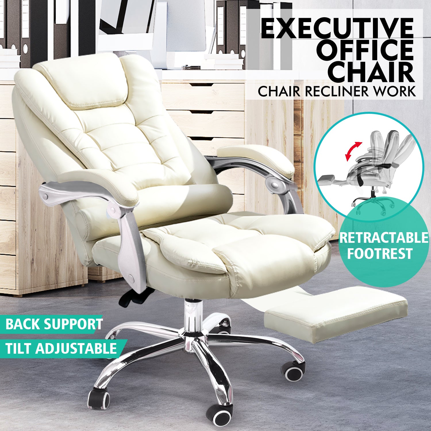 Executive Office Computer Chair Premium PU Leather Thick Padded Lumbar Support