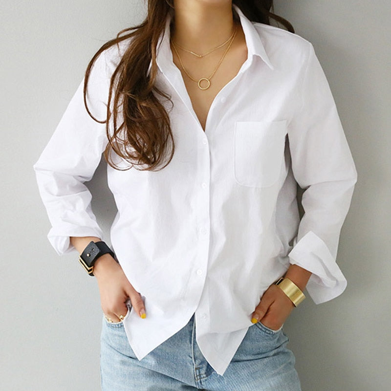 Women White Casual Turn-down Collar Shirt - Store Zone-Online Shopping Store Melbourne Australia