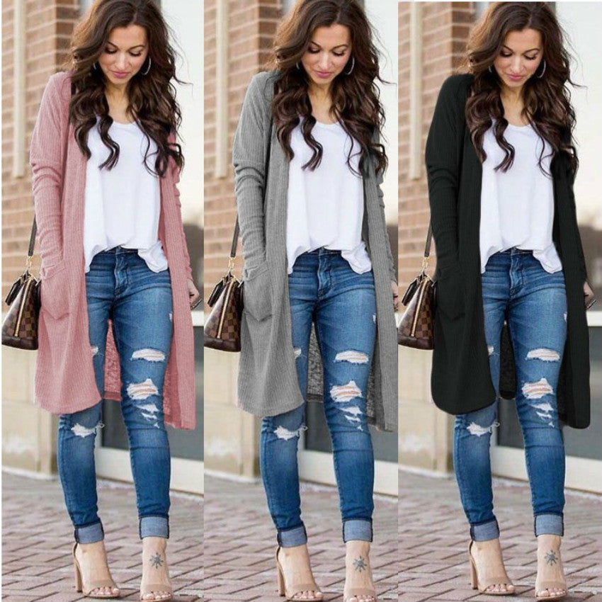 Women Long Loose Cardigan Solid Sweater - Store Zone-Online Shopping Store Melbourne Australia