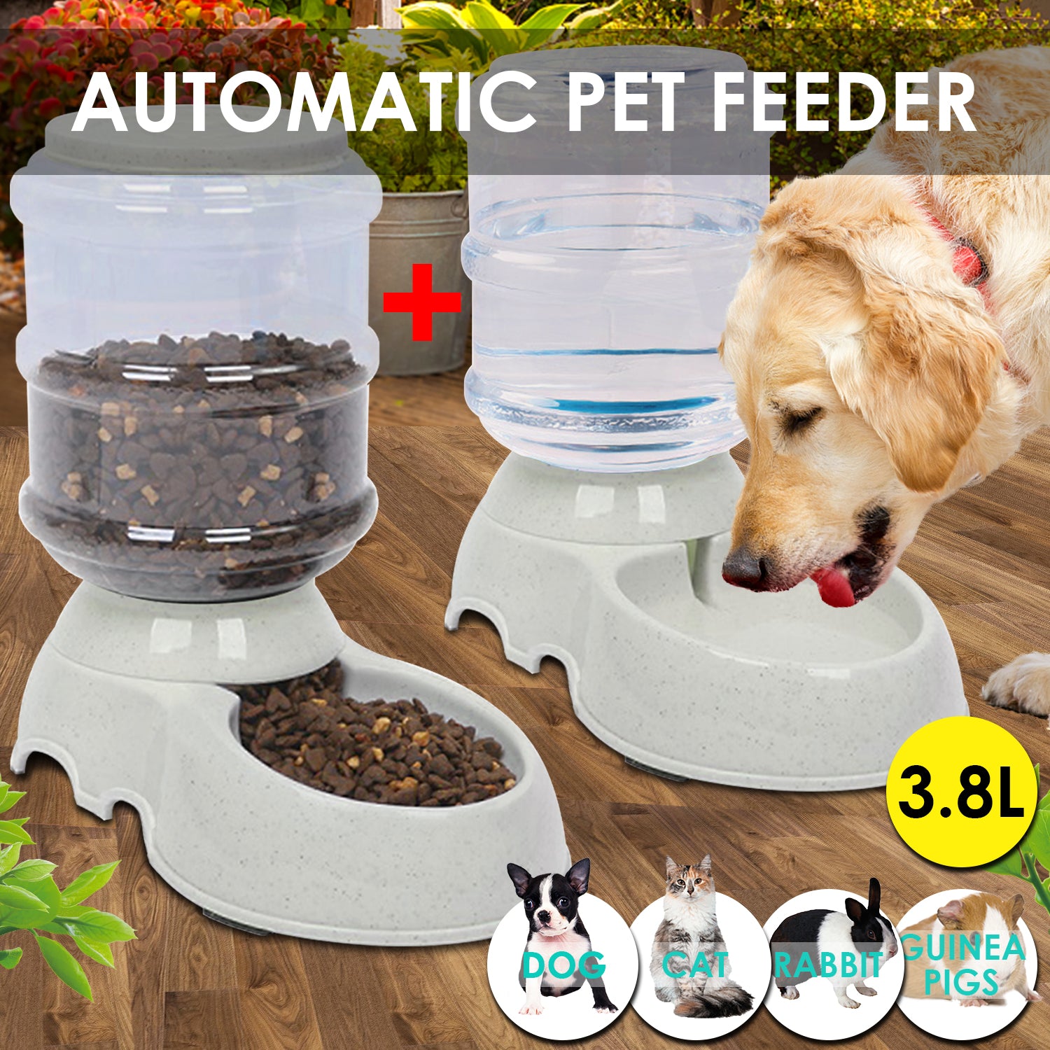 2 Pcs Automatic Pet Dog Cat Water Bowl Auto Food Feeder Bottle Dispenser Plastic