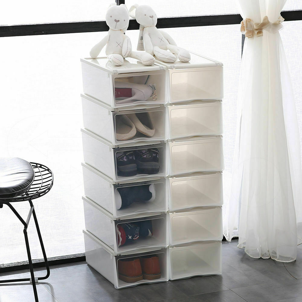 12x Front Drawer Shoe Storage Boxes Stackable Foldable Cases Sneakers Wadrobe