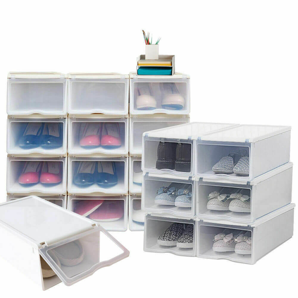 12x Front Drawer Shoe Storage Boxes Stackable Foldable Cases Sneakers Wadrobe