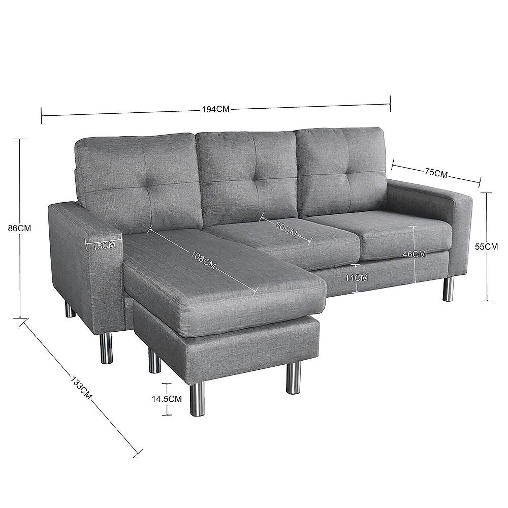 Linen Corner Sofa Couch Lounge Chaise with Metal Legs - Grey