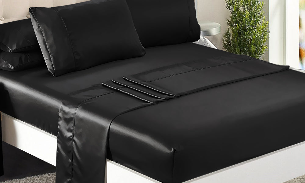 DreamZ Ultra Soft Silky Satin Bed Sheet Set in Double Size in Black Colour