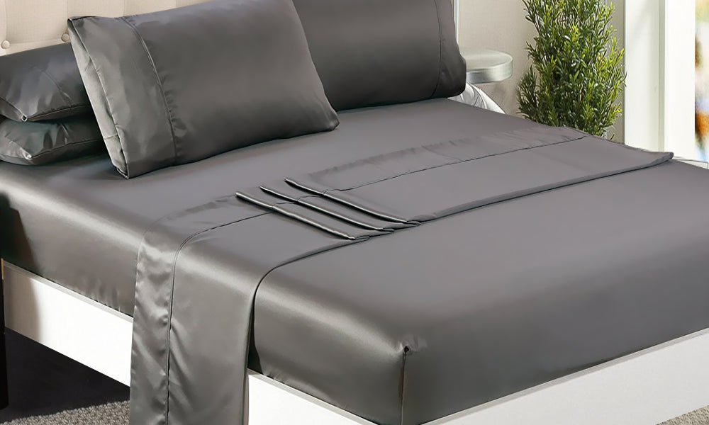 DreamZ Ultra Soft Silky Satin Bed Sheet Set in King Size in Charcoal Colour