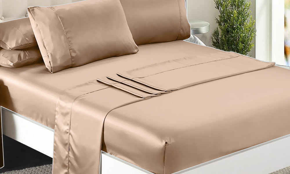 DreamZ Ultra Soft Silky Satin Bed Sheet Set in Double Size in Gold Colour