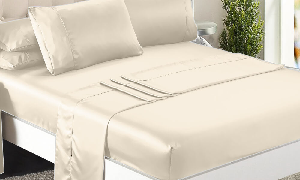 DreamZ Ultra Soft Silky Satin Bed Sheet Set in Double Size in Ivory Colour