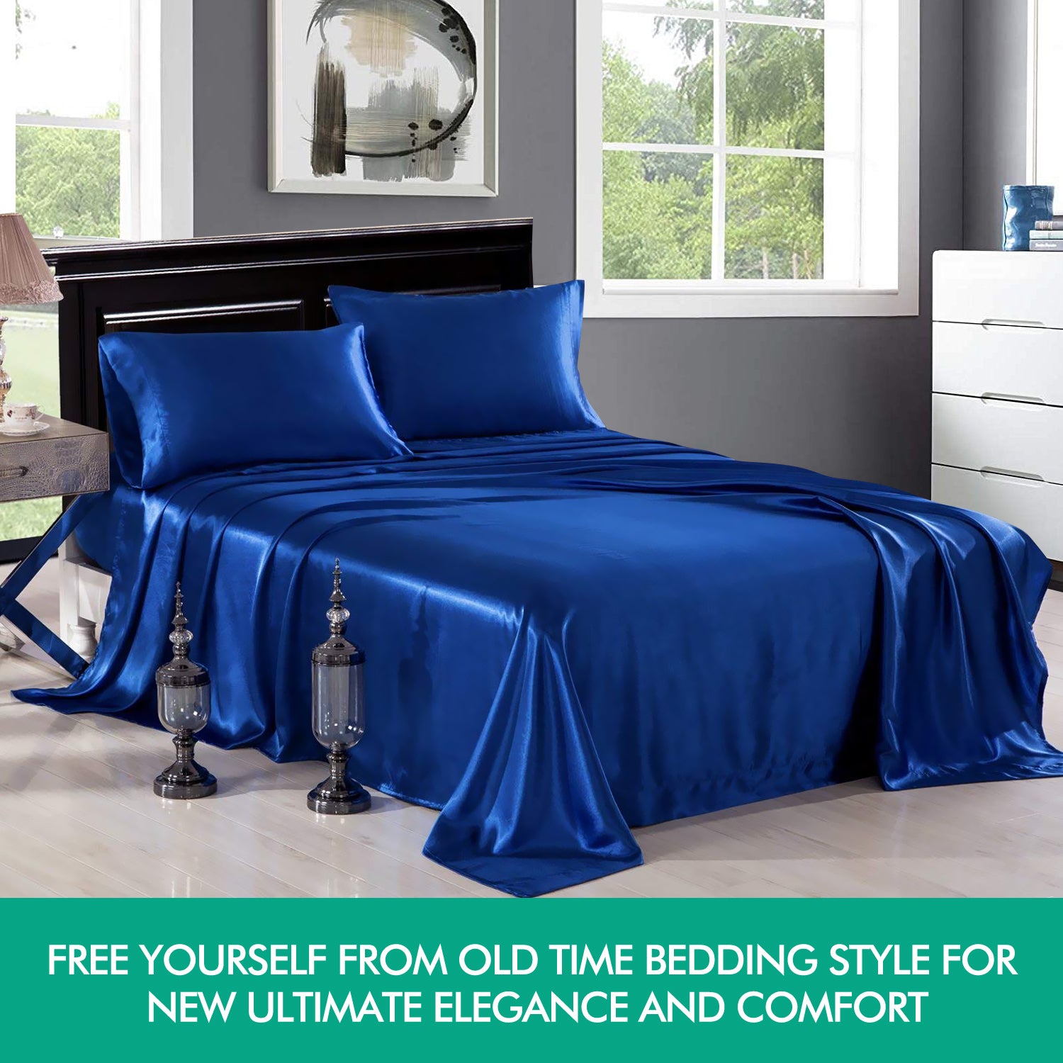 DreamZ Ultra Soft Silky Satin Bed Sheet Set in King Size in Navy Blue Colour