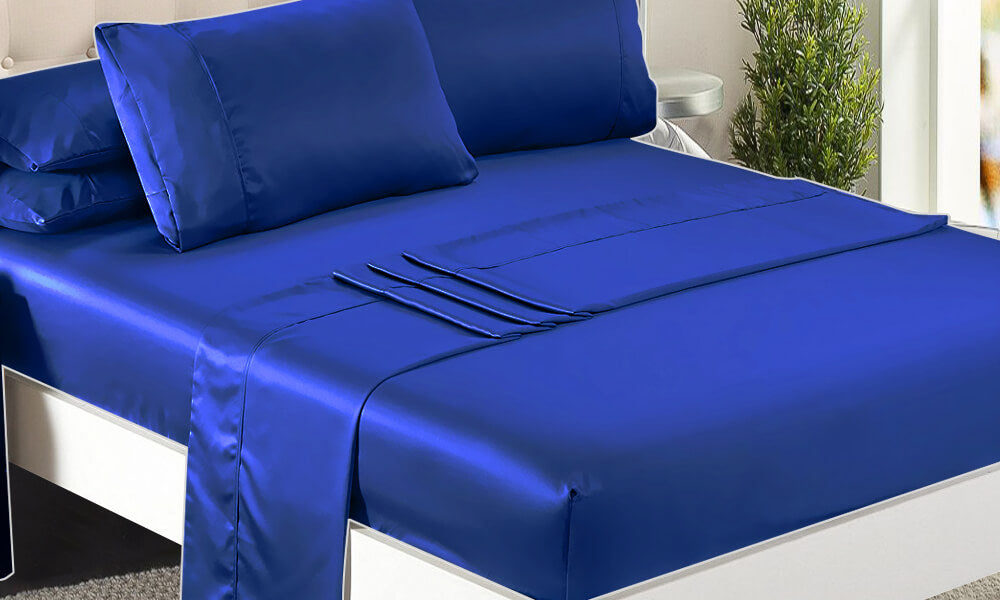 DreamZ Ultra Soft Silky Satin Bed Sheet Set in Double Size in Navy Blue Colour