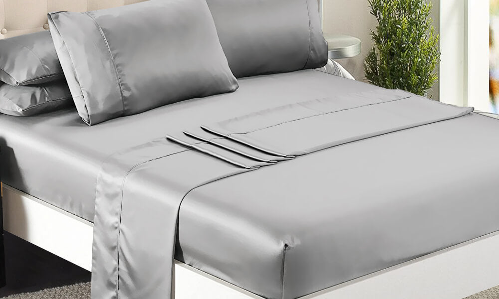 DreamZ Ultra Soft Silky Satin Bed Sheet Set in Double Size in Silver Colour