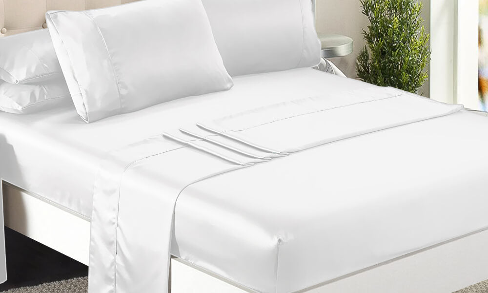 DreamZ Ultra Soft Silky Satin Bed Sheet Set in Double Size in White Colour