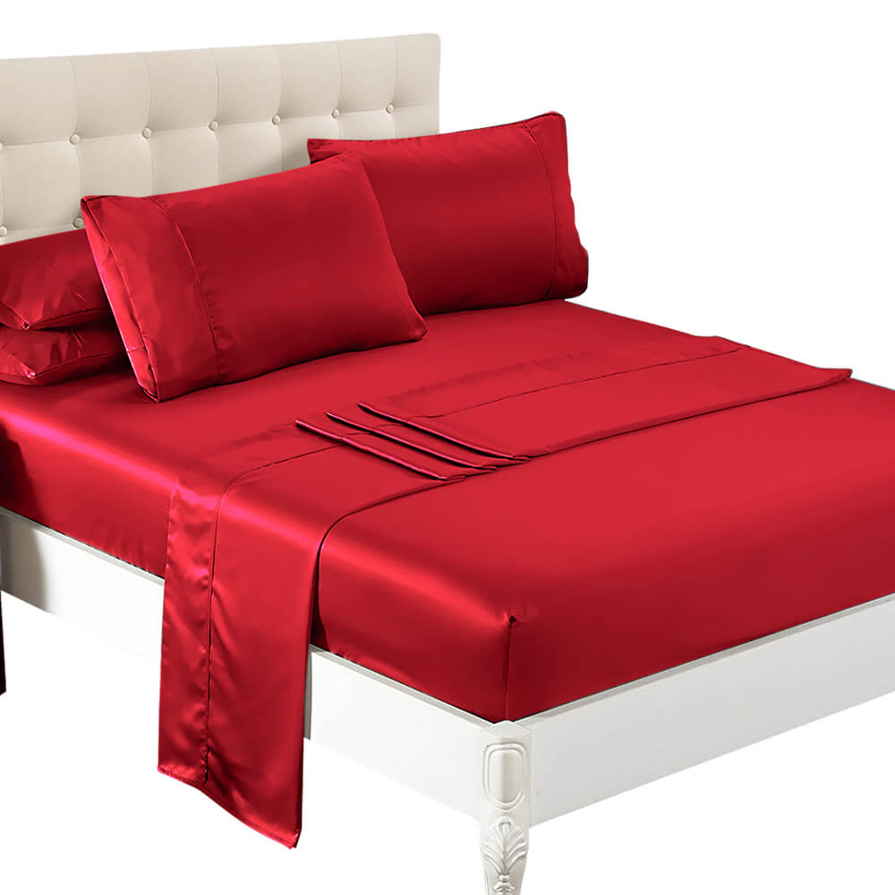 DreamZ Ultra Soft Silky Satin Bed Sheet Set in King Size in Burgundy Colour