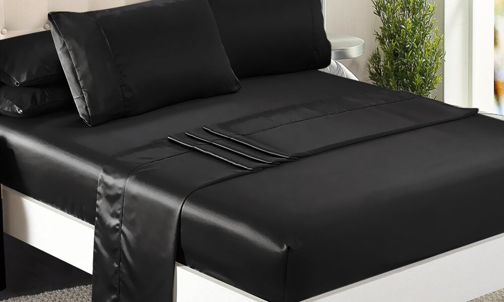 DreamZ Ultra Soft Silky Satin Bed Sheet Set in King Size in Black Colour