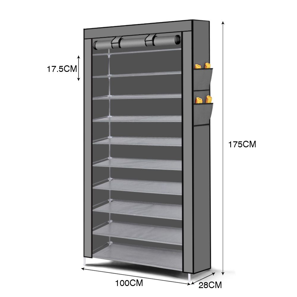 Levede 10 Tier Shoe Rack Portable Storage Cabinet Organiser Wardrobe Grey Cover-Store Zone-Online Shopping Store Melbourne Australia