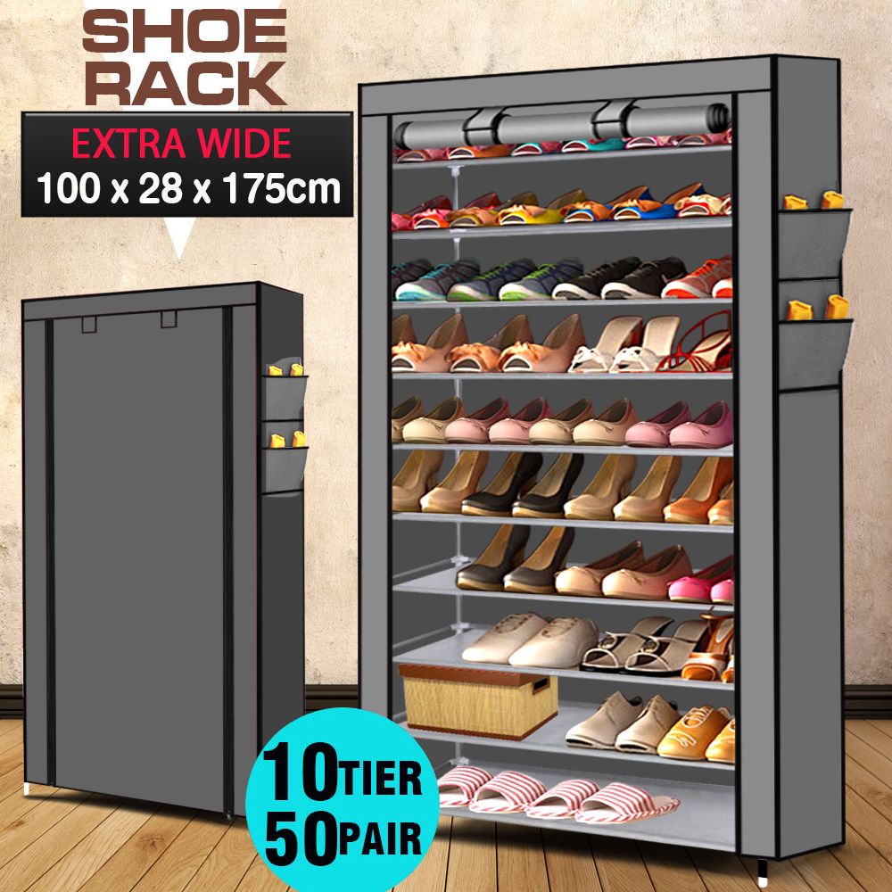 Buy Levede 10 Tier Shoe Rack Portable Storage Cabinet Organiser Wardrobe Grey Cover-Store Zone-Online Shopping Store Melbourne Australia