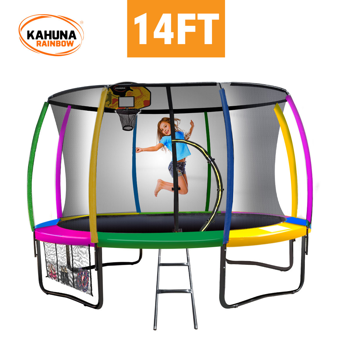 Kahuna Trampoline 14 ft with Basketball Set - Rainbow