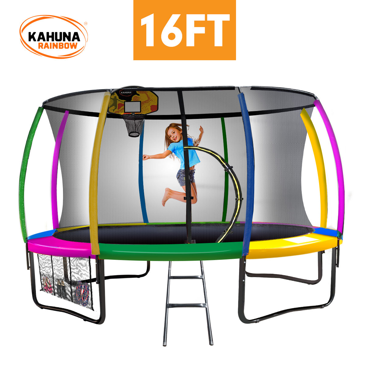 Kahuna Trampoline 16ft with Basketball Set - Rainbow