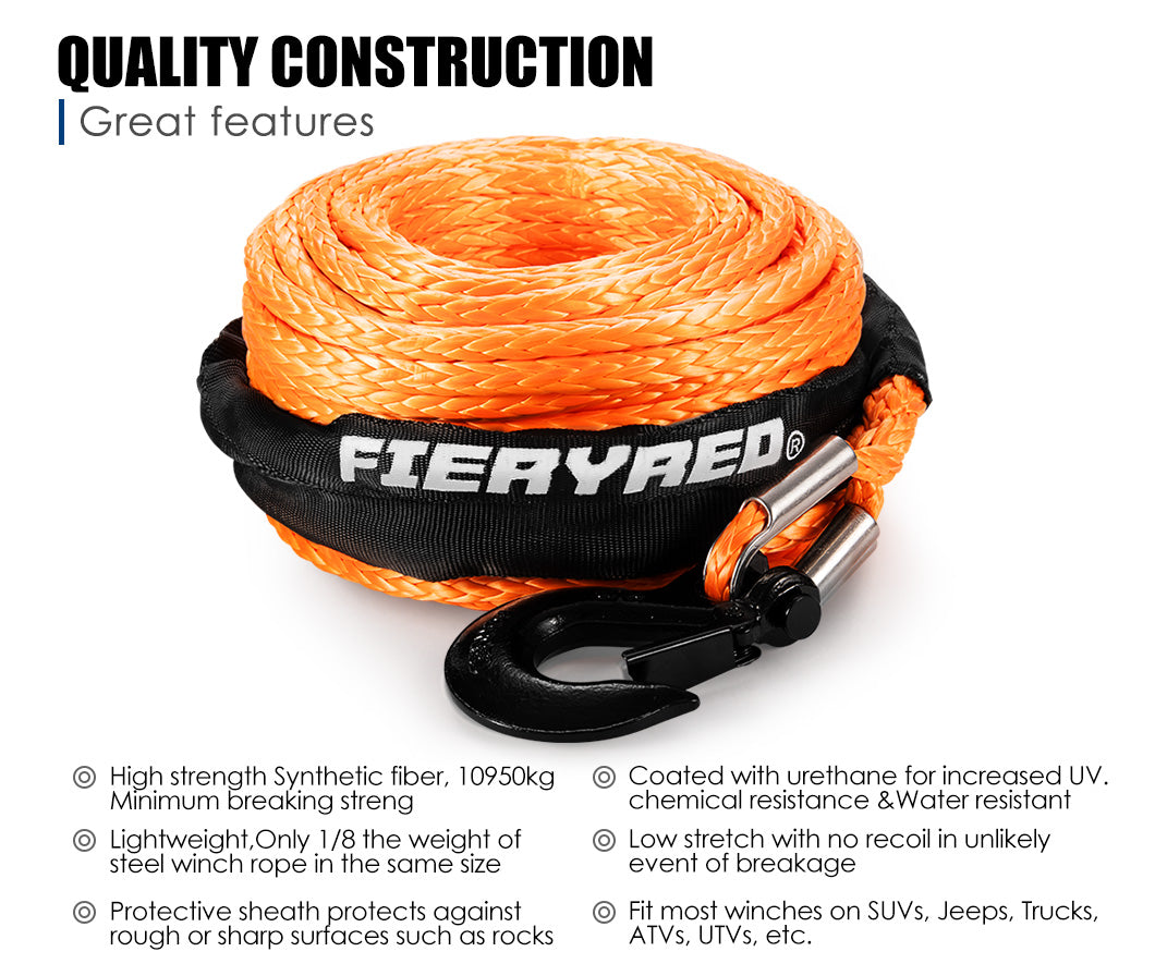 Winch Rope 10Mm X 30M Synthetic Dyneema Sk75 Hook Car Tow Recovery Cable